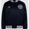 New York City Adidas 2026 Coaches Navy Blue Satin Jacket Front View