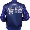 New York Yankees Show Time Blue Satin with Sequin Sleeves Bomber Jacket Back View