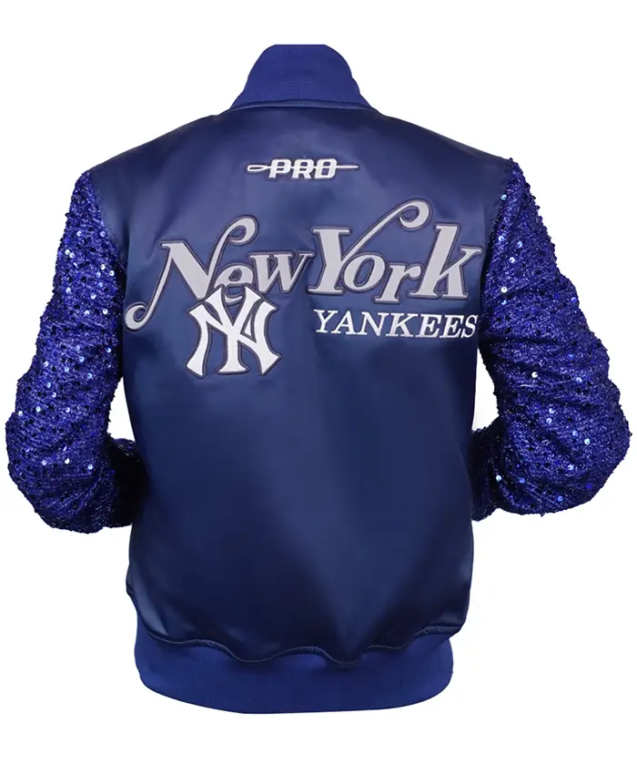 New York Yankees Show Time Blue Satin with Sequin Sleeves Bomber Jacket Back View