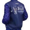 New York Yankees Show Time Blue Satin with Sequin Sleeves Bomber Jacket Shop now