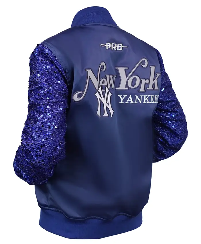 New York Yankees Show Time Blue Satin with Sequin Sleeves Bomber Jacket Shop now