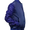 New York Yankees Show Time Blue Satin with Sequin Sleeves Bomber Jacket Side View