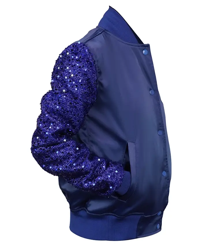 New York Yankees Show Time Blue Satin with Sequin Sleeves Bomber Jacket Side View
