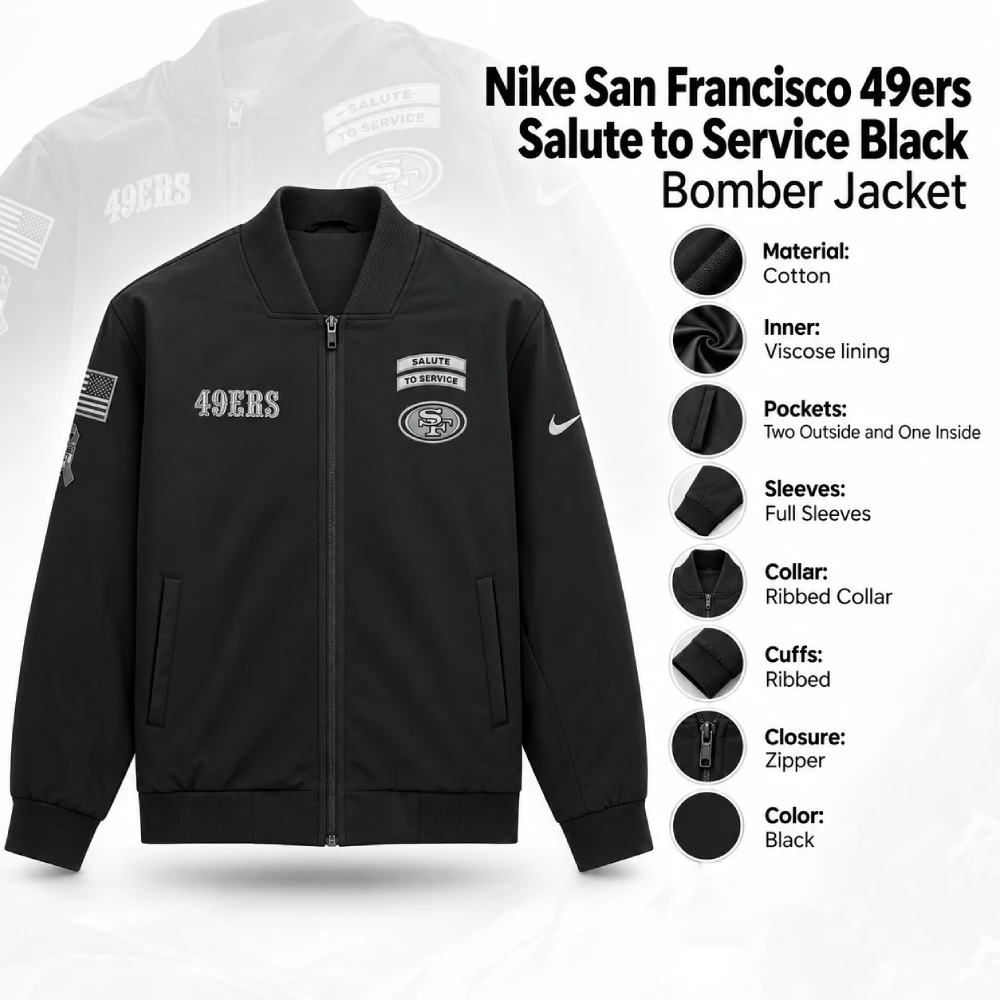 Nike San Francisco 49ers Salute to Service Black Bomber Jacket Infographic