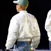 Pharrell Williams White Louis Vuitton Monogram Flower Satin Bomber Jacket Back View