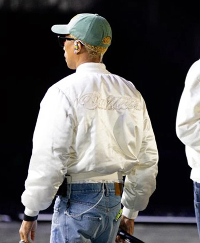 Pharrell Williams White Louis Vuitton Monogram Flower Satin Bomber Jacket Back View