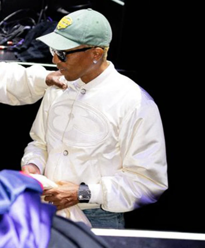 Pharrell Williams White Louis Vuitton Monogram Flower Satin Bomber Jacket