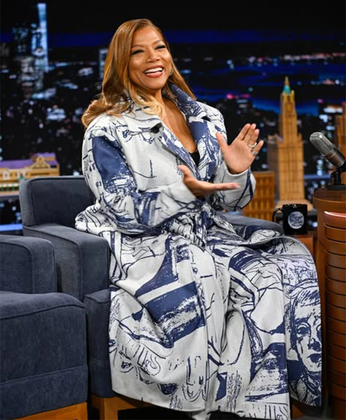 Queen Latifah The Tonight Show Starring Jimmy Fallon 2026 KidSuper Printed Trench Coat Side