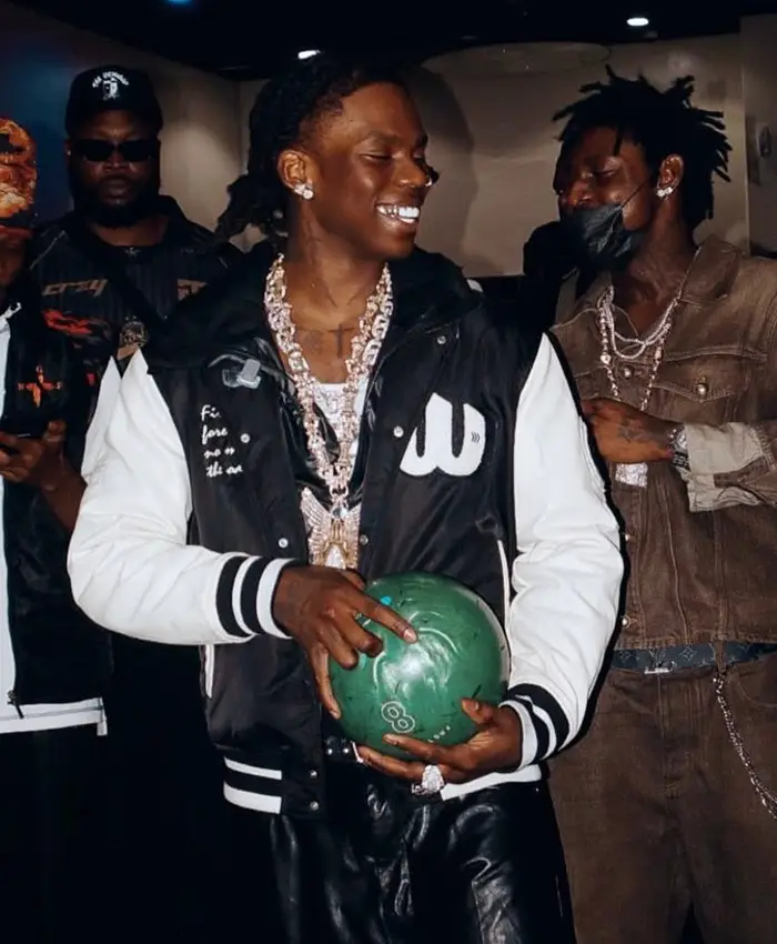 Rema Live Stream Session White and Black Hooded Letterman Varsity Jacket For Sale