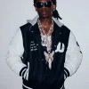 Rema Live Stream Session White and Black Hooded Letterman Varsity Jacket Front