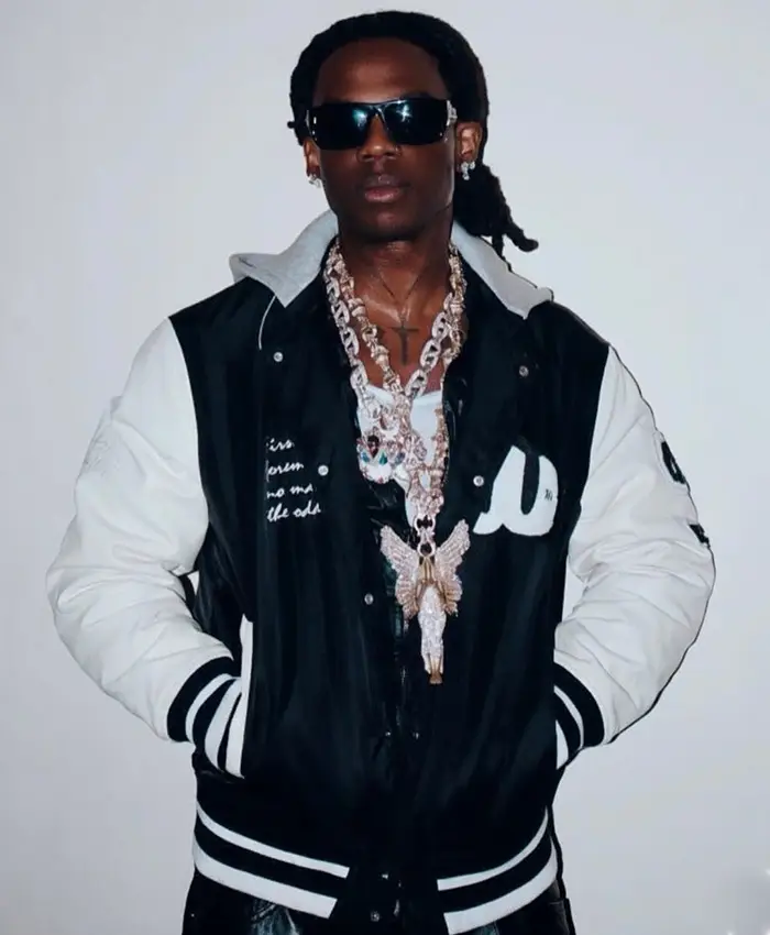 Rema Live Stream Session White and Black Hooded Letterman Varsity Jacket Front