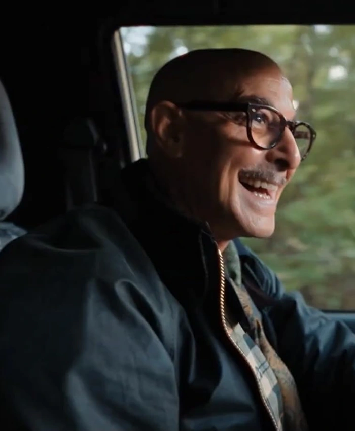 Roger Movie Masterplan 2026 Stanley Tucci Black Polyester Jacket Side