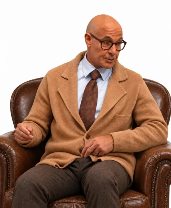 Roger Movie Masterplan 2026 Stanley Tucci Brown Cardigan Jacket