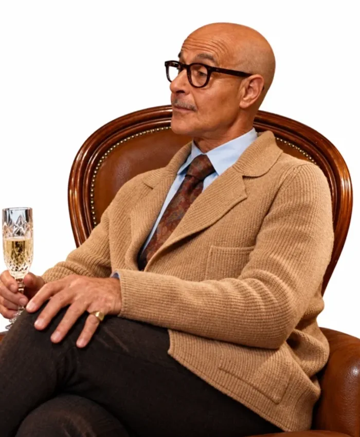 Roger Movie Masterplan 2026 Stanley Tucci Brown Cardigan Jacket Front