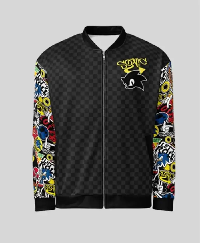 Sega x Sonic Sticker Bomb Black Bomber Zip-up Jacket Front
