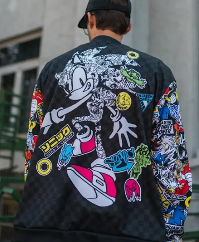 Sega x Sonic Sticker Bomb Black Bomber Zip-up Jacket On Sale