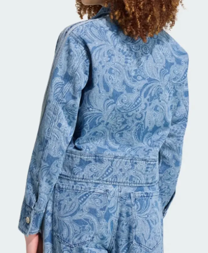 Shop Adidas x Liberty London Firebird Blue Zip-up Denim Jacket Back View