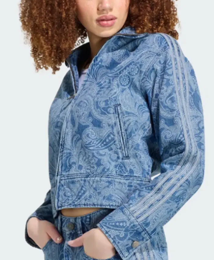 Shop Adidas x Liberty London Firebird Blue Zip-up Denim Jacket On Sale