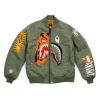 Shop BAPE Tiger Shark Bomber Full Zip Up Bomber Jacket Green