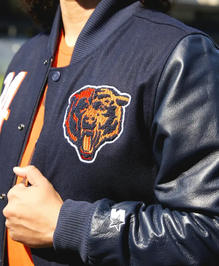 Shop HOMAGE X Starter Walter Payton GOAT Navy Wool Bomber Jacket Side View
