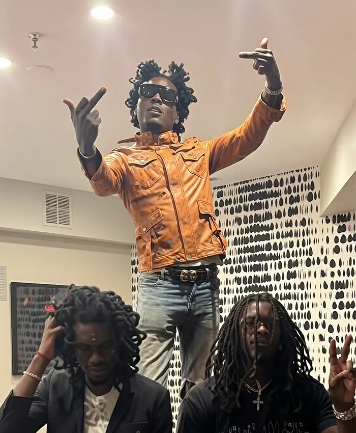 Shop Lil Uzi Vert Tan Leather Multi-Pocket Leather Utility Jacket Front View
