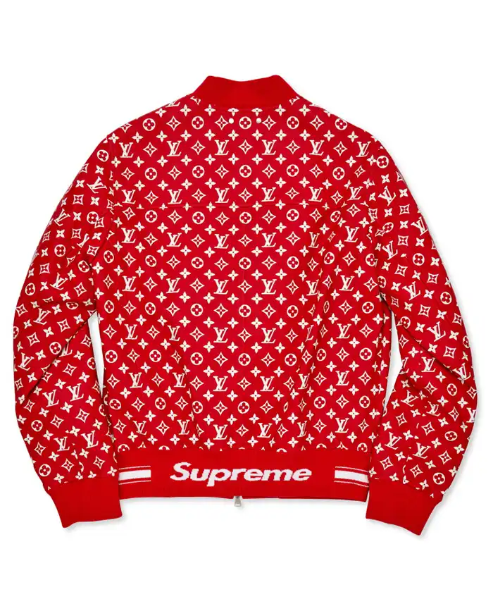 Shop Louis Vuitton x Supreme Red Leather Monogram Bomber Jacket Back View