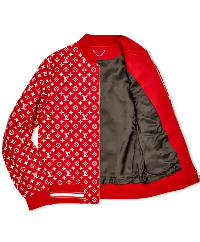 Shop Louis Vuitton x Supreme Red Leather Monogram Bomber Jacket