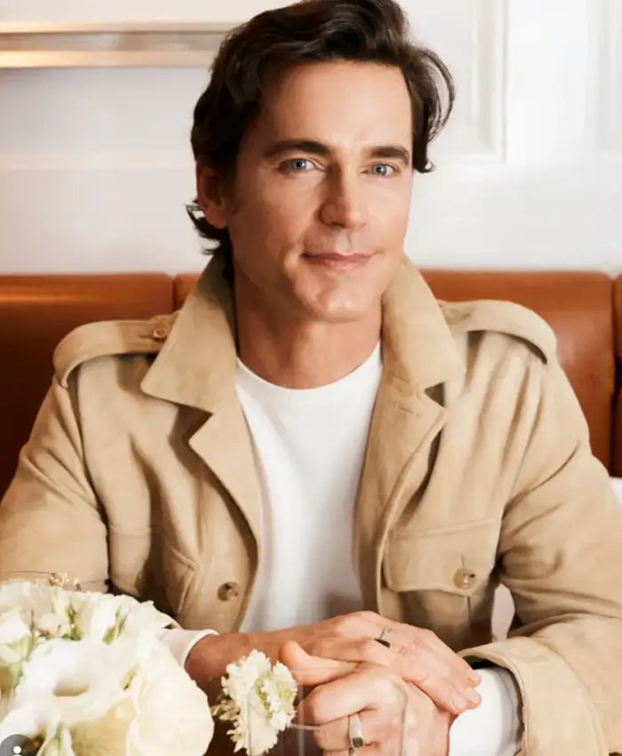 Shop Matt Bomer US Open 2026 Ralph Lauren Tan Suede Jacket Front