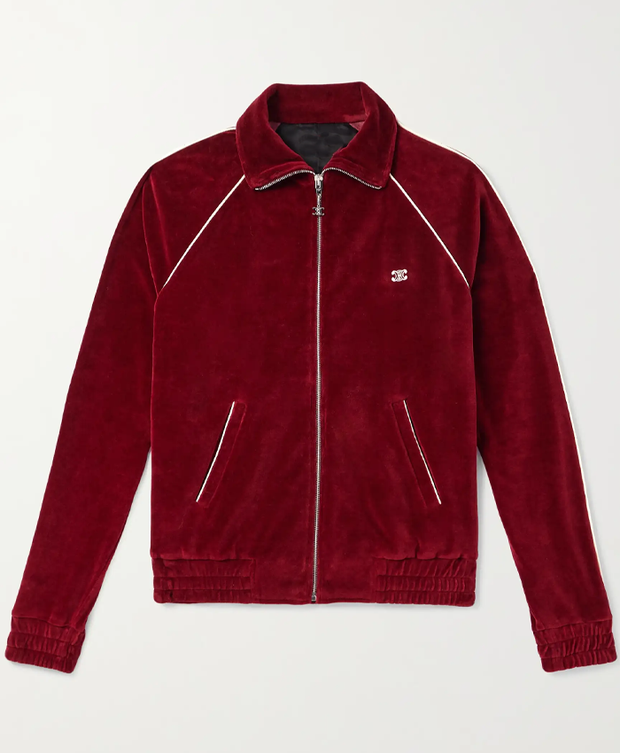 Shop Meek Mill NYC Celine Burgundy Velvet Track Jacket Front View