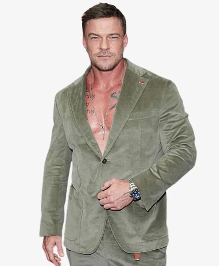 Shop Motor City New York Premiere 2026 Alan Ritchson Green Corduroy Suit Front View