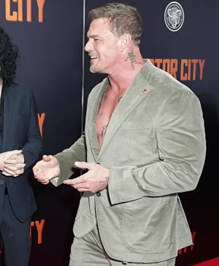 Shop Motor City New York Premiere 2026 Alan Ritchson Green Corduroy Suit