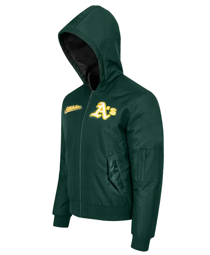 Shop Oakland Athletics Historic L-2B Green Full-Zip Satin Hooded Jacket Side View