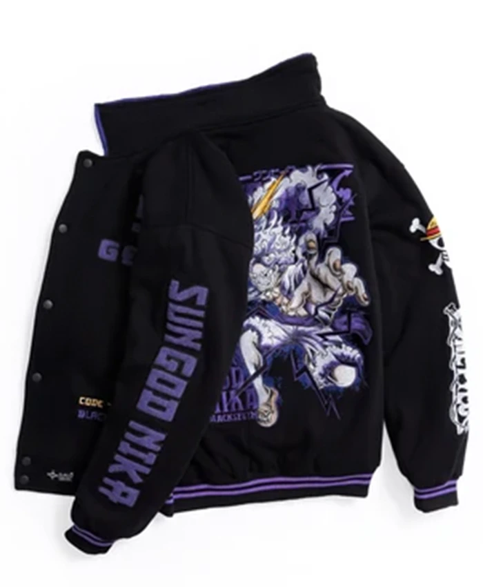 Shop One Piece Gear 5 Sun God Nika Full Embroidery Varsity Jacket Back View