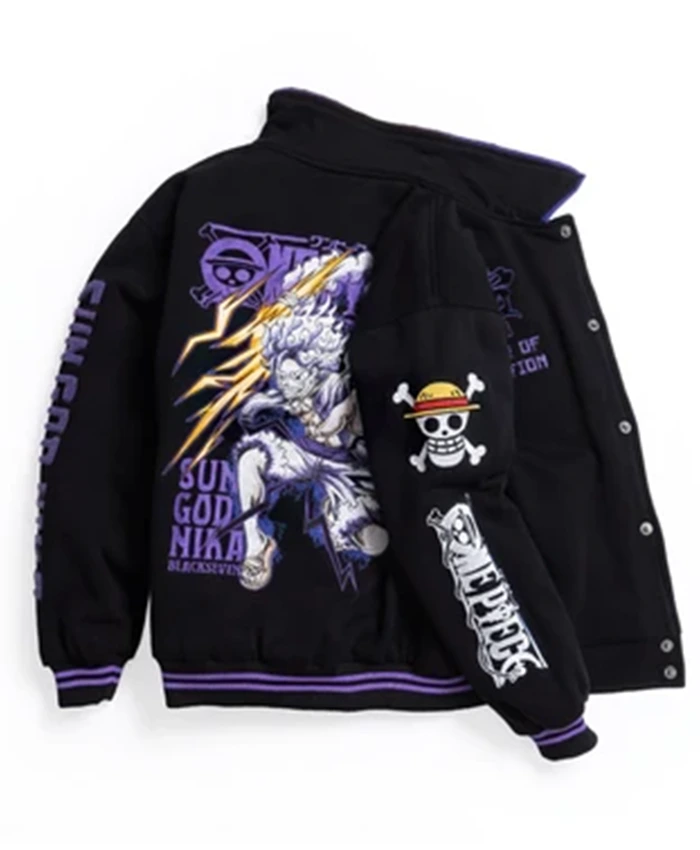 Shop One Piece Gear 5 Sun God Nika Full Embroidery Varsity Jacket Side View