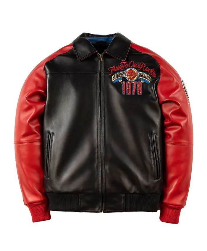 Shop Pelle Pelle True To Our Roots Red & Black Leather Bomber Jacket Front View