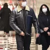 Shop Robbie Williams Street Style Milan Black Shearling Leather Jacket Front