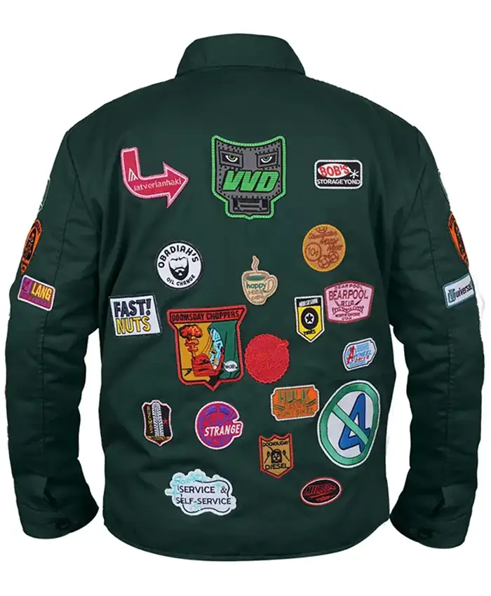 Shop Robert Downey Jr Marvel Patch Green Cotton Jacket Back View