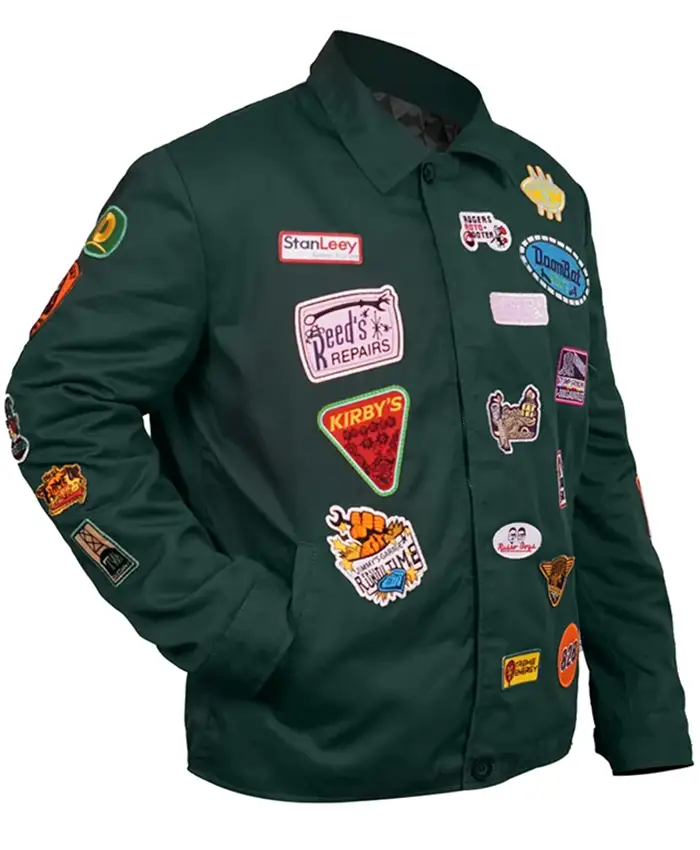 Shop Robert Downey Jr Marvel Patch Green Cotton Jacket Side View