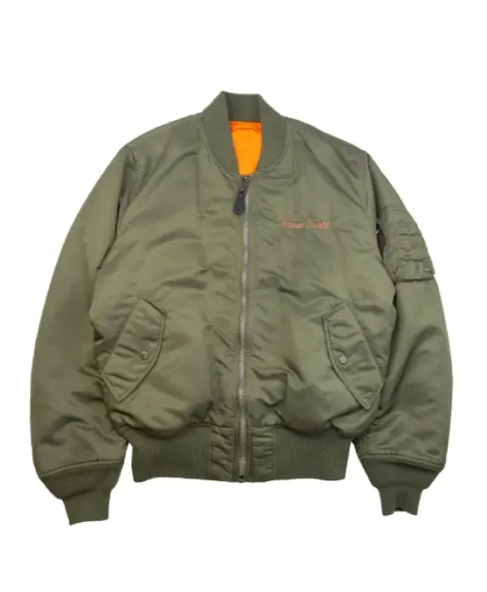 Shop Rodeo Tour Travis Scott Olive Green Cactus Graphic Bomber Jacket Front