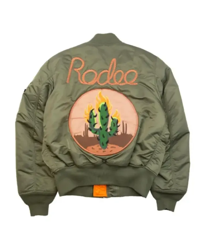 Shop Rodeo Tour Travis Scott Olive Green Cactus Graphic Bomber Jacket