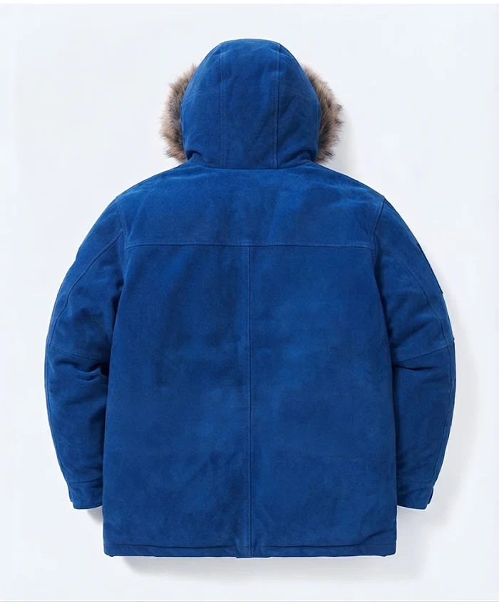 Shop Supreme x The North Face 600-Fill Down Parka Hooded Blue Suede Leather Jacket