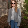 Shop Telluride Film Festival 2026 Emma Stone Grey Round Neckline Wool Jacket