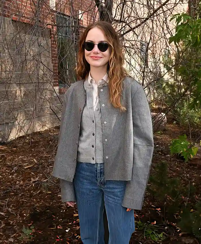 Shop Telluride Film Festival 2026 Emma Stone Grey Round Neckline Wool Jacket