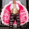 Shop WWE AEW 2026 Kyle Fletcher Entry Pink Feathered Coat Front View