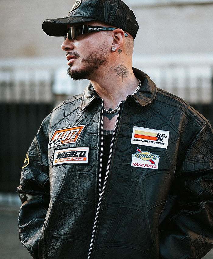 Street Photoshoot 2026 J Balvin Spider Web Black Leather Racing Jacket Front