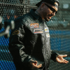Street Photoshoot 2026 J Balvin Spider Web Black Leather Racing Jacket On Sale