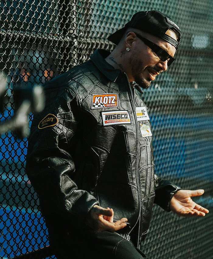 Street Photoshoot 2026 J Balvin Spider Web Black Leather Racing Jacket On Sale
