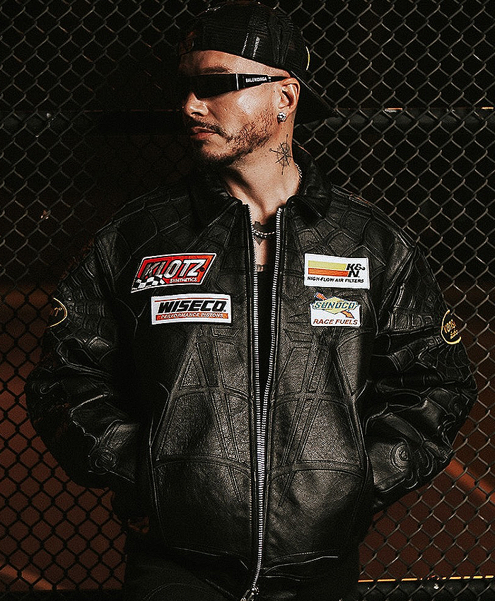 Street Photoshoot 2026 J Balvin Spider Web Black Leather Racing Jacket Shop now