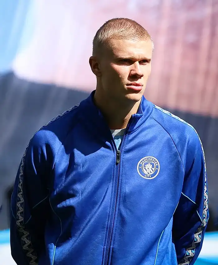 Striker Erling Haaland Manchester City Cyan Blue Accents and Club Crest Royal Blue Jacket