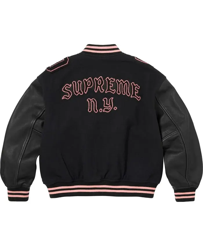 Supreme Fall Winter 2026 N.Y. Captains Black Wool Leather Varsity Jacket On Sale